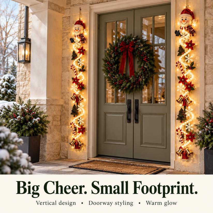 Glowing Christmas Door Hanger | 6 Festive Lighted Designs with Warm Glow, Dimensional Details & Space-Saving Vertical Décor