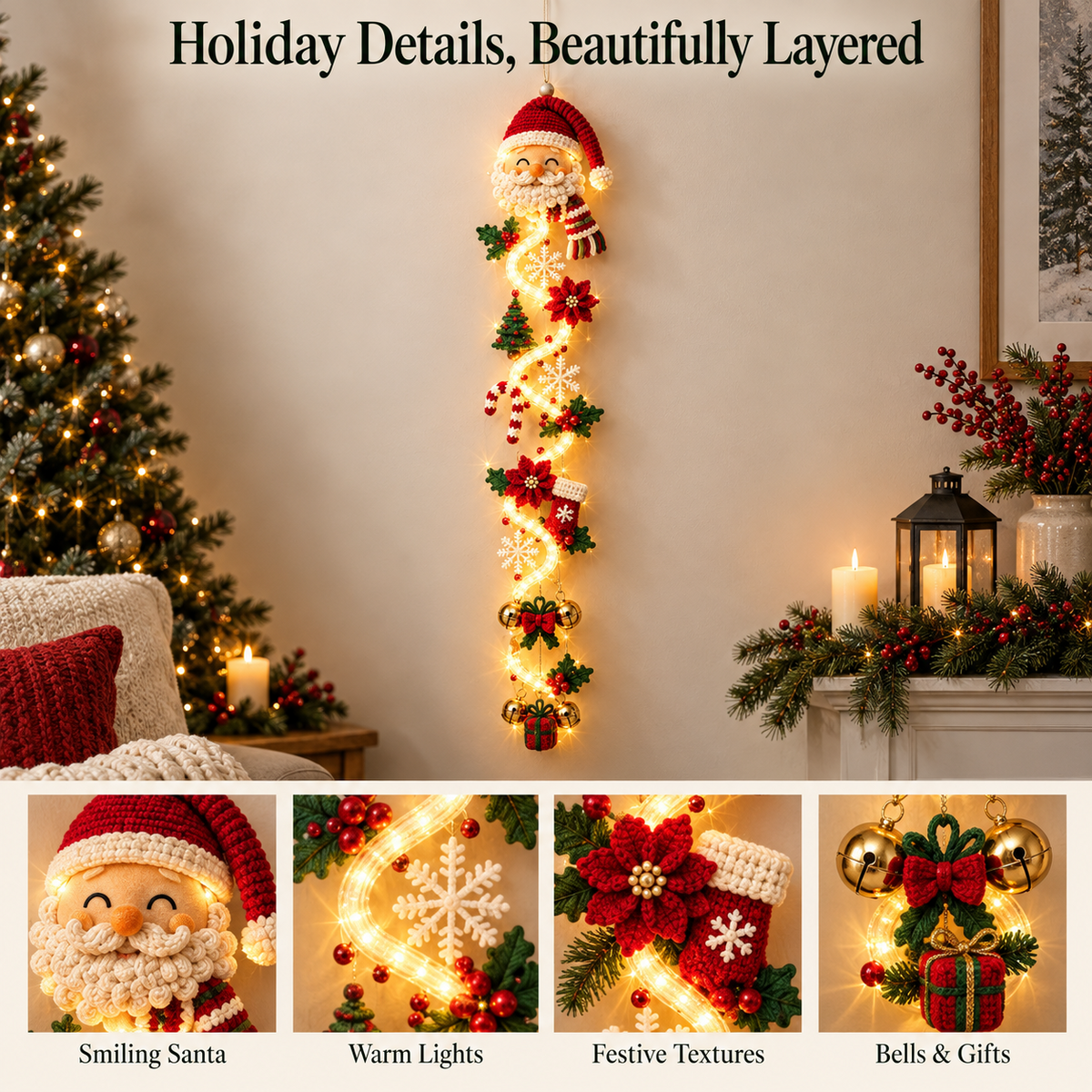 Glowing Christmas Door Hanger | 6 Festive Lighted Designs with Warm Glow, Dimensional Details & Space-Saving Vertical Décor