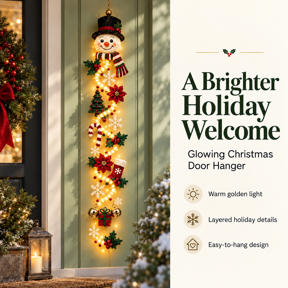 Glowing Christmas Door Hanger | 6 Festive Lighted Designs with Warm Glow, Dimensional Details & Space-Saving Vertical Décor