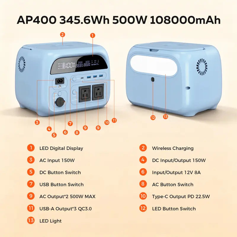 CTOLITY 500W 345Wh Camping Power Station Powerbank Emergency Supply Backup LiFePO4 Battery Portable Solar Generator Energy Travel RVs Emergencies Gas Alternative Charging Rechargeable